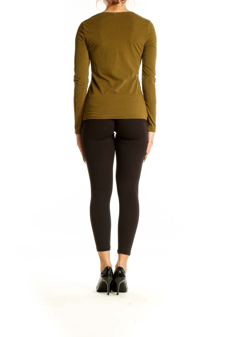 Back view of Jigsaw London olive long sleeve top on model