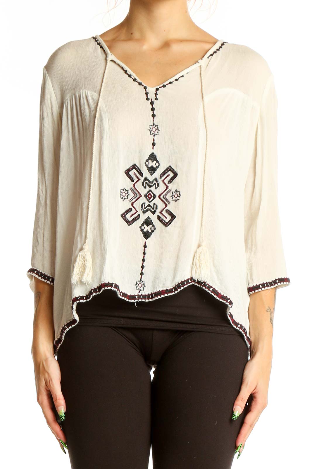 Front view of white embroidered rayon peasant top by Collective Concepts