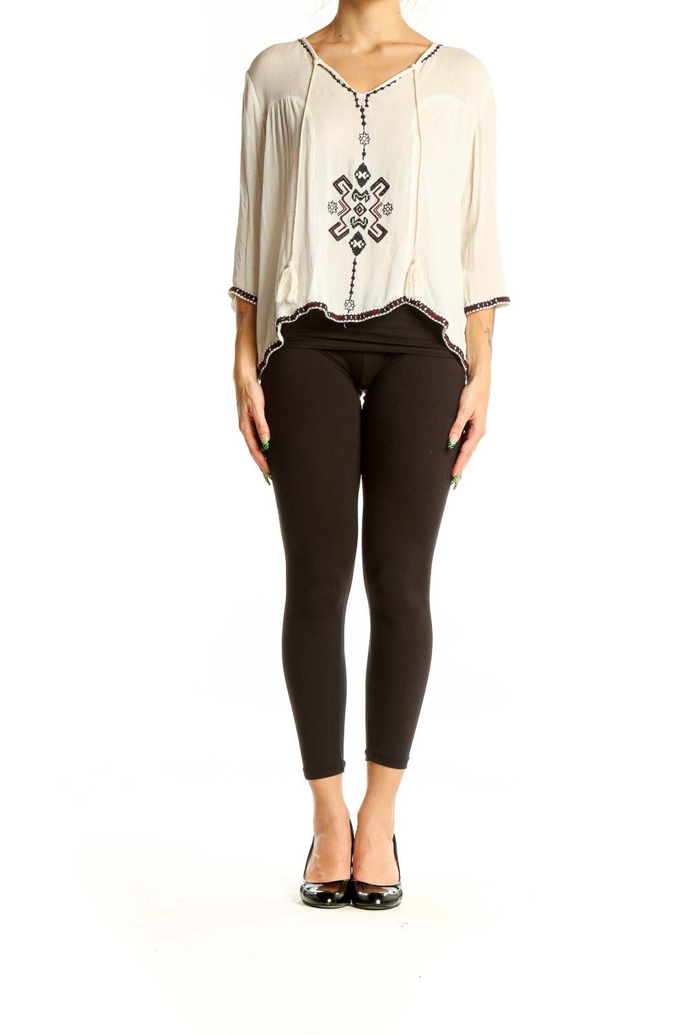 Front view of white embroidered rayon peasant top by Collective Concepts