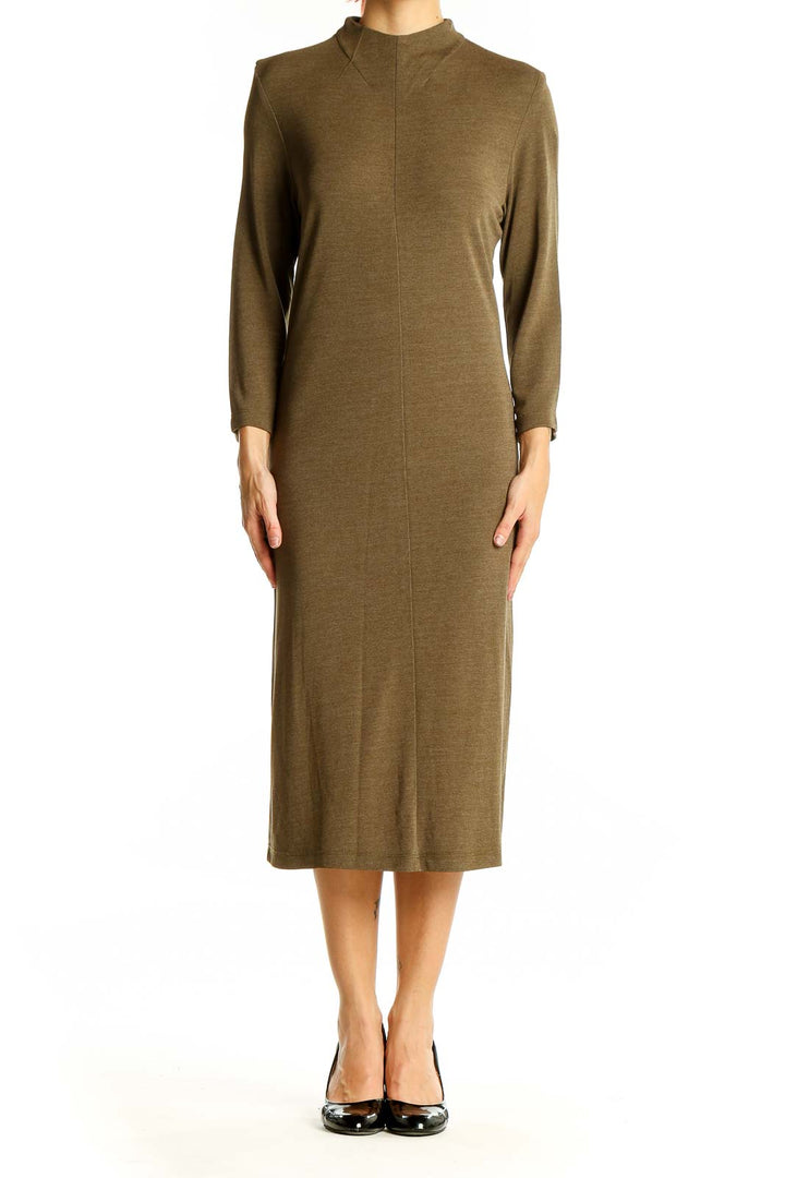 Front view of olive mock neck midi dress by mica