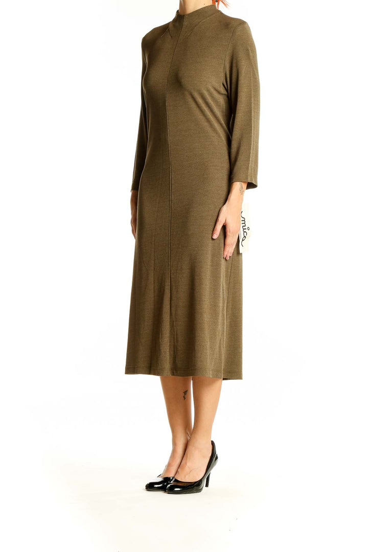 Front view of olive mock neck midi dress by mica