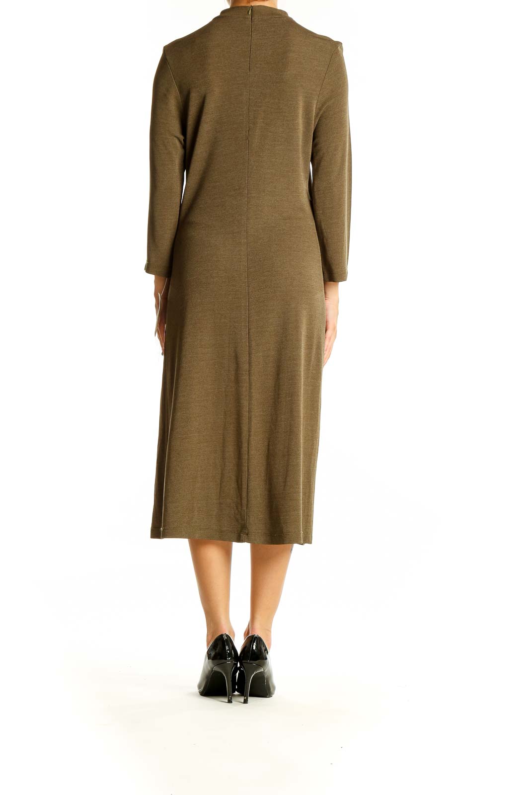 Back view of olive mock neck midi dress by mica