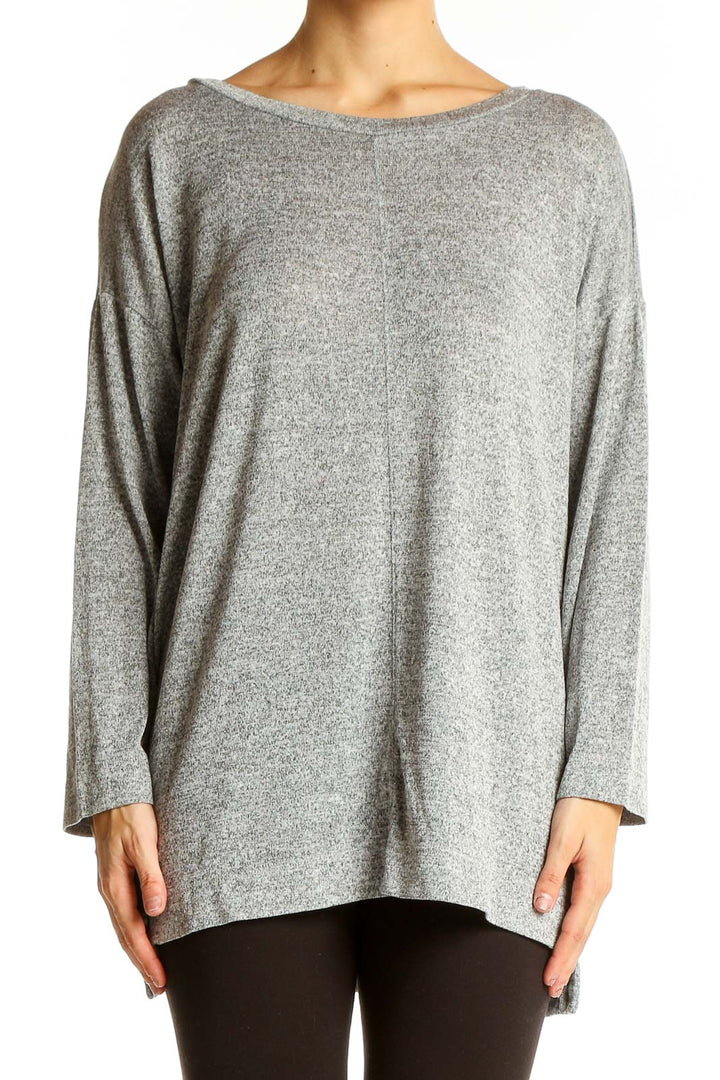 Front view of Ann Taylor LOFT gray oversized knit sweater on model