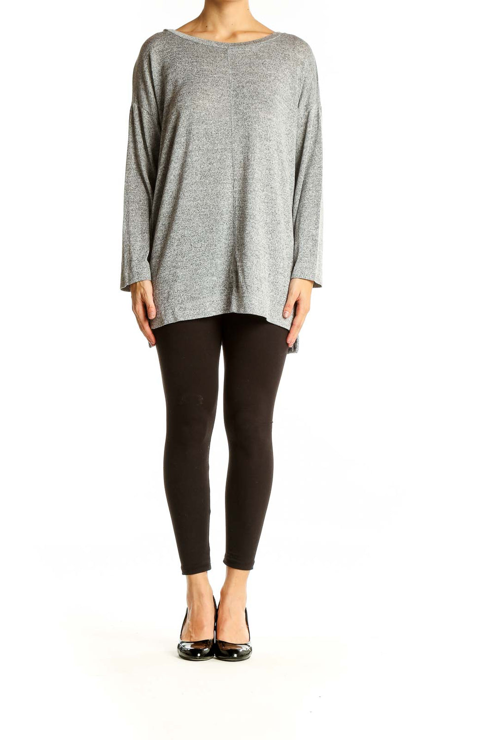 Front view of Ann Taylor LOFT gray oversized knit sweater on model