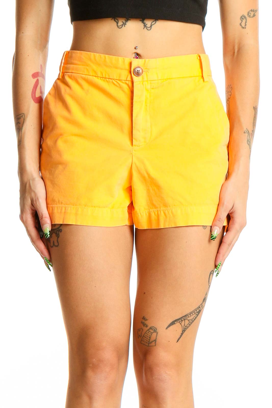 Front view of yellow Gap denim shorts on model