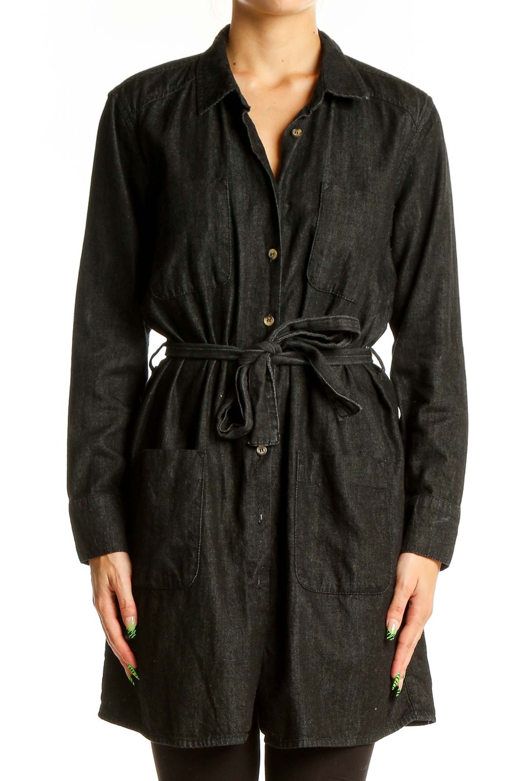 Front view of ASOS black cotton button-up shirt dress with tie waist