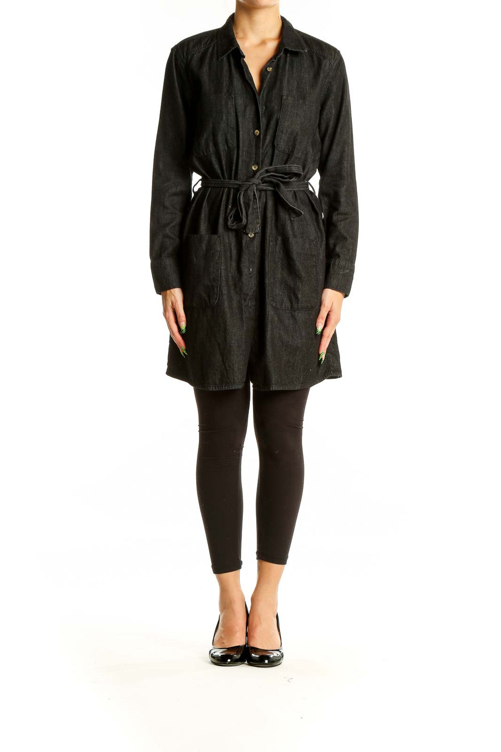 Front view of ASOS black cotton button-up shirt dress with tie waist