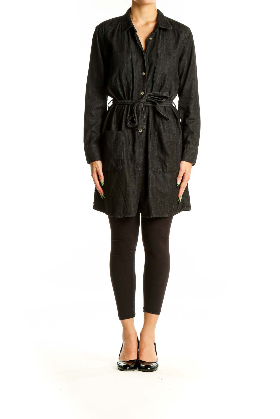 Front view of ASOS black cotton button-up shirt dress with tie waist