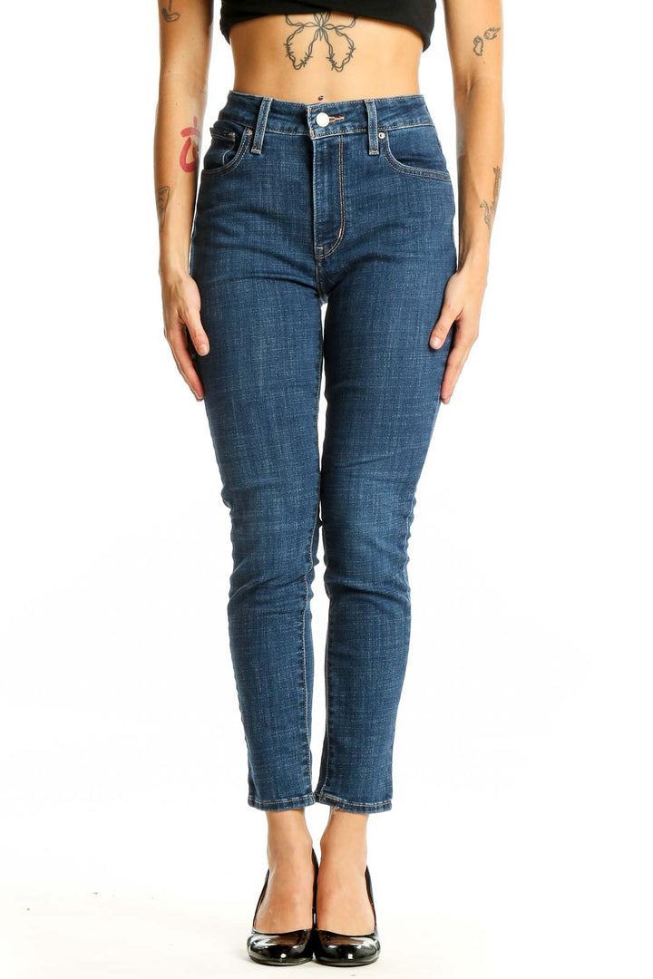 Front view of Levi's straight leg jeans in medium blue wash