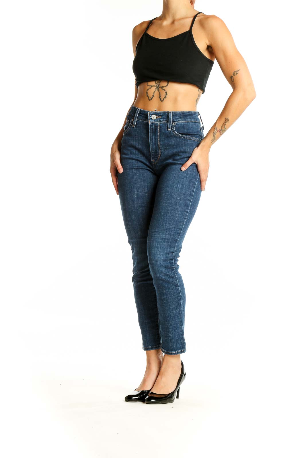 Front view of Levi's straight leg jeans in medium blue wash