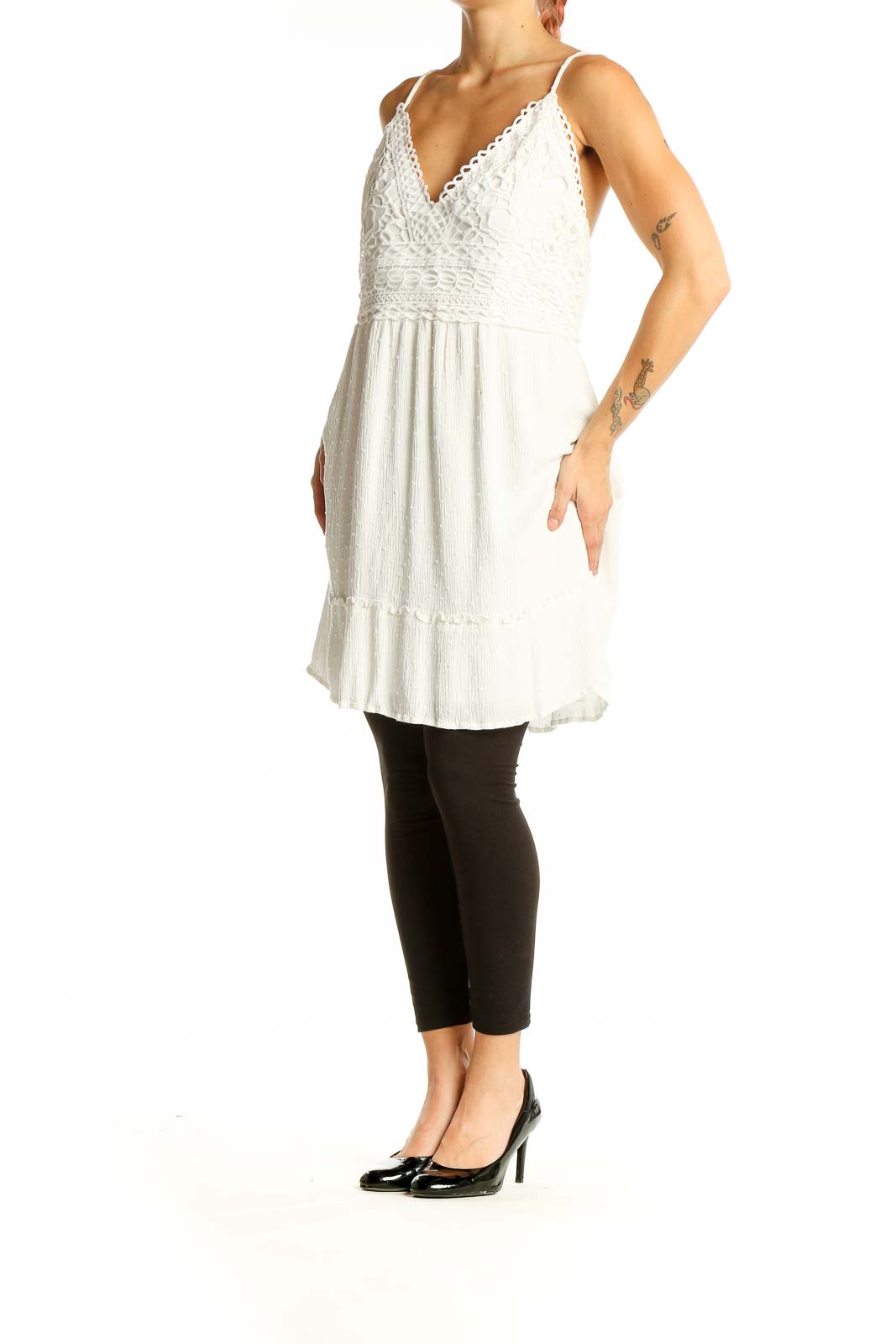 Front view of white lace trim rayon sundress with V-neckline