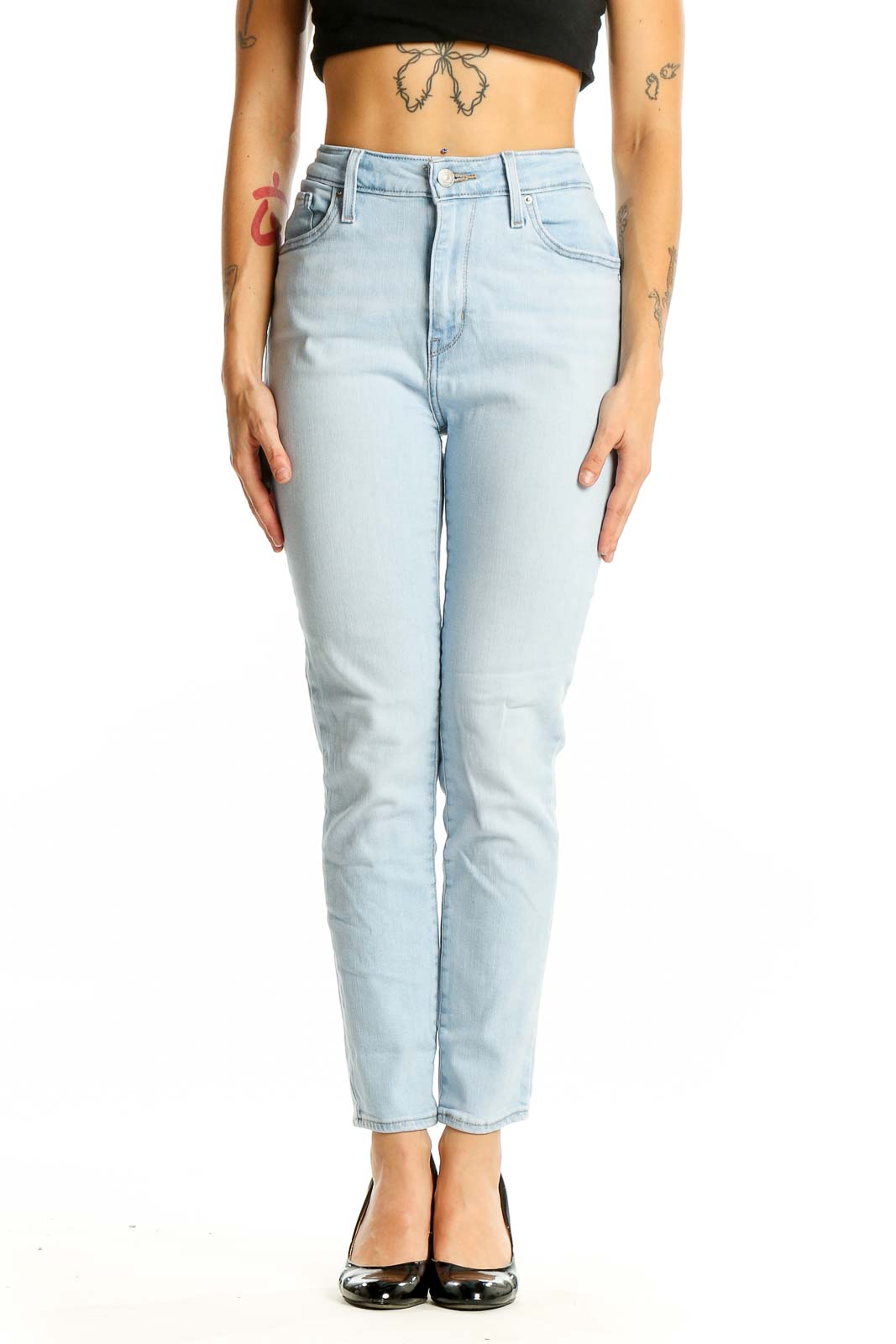 Front view of Levi's light blue high-waisted slim fit jeans on model