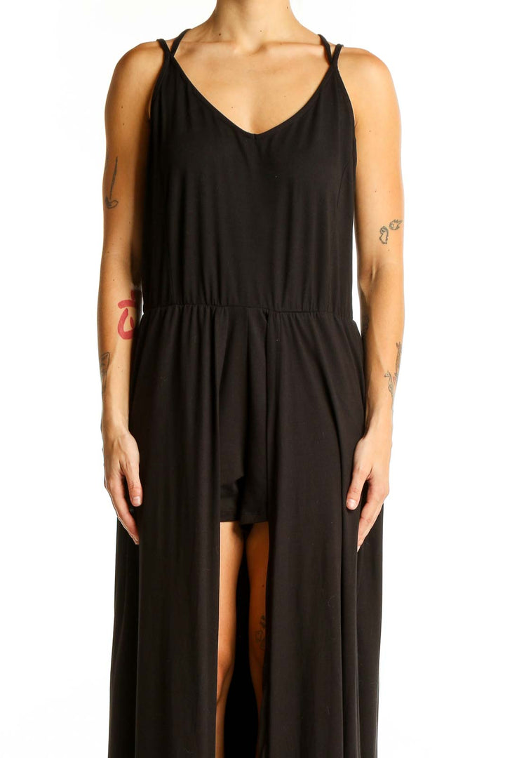 Front view of black Hot&Kiss maxi dress with spaghetti straps and V-neckline