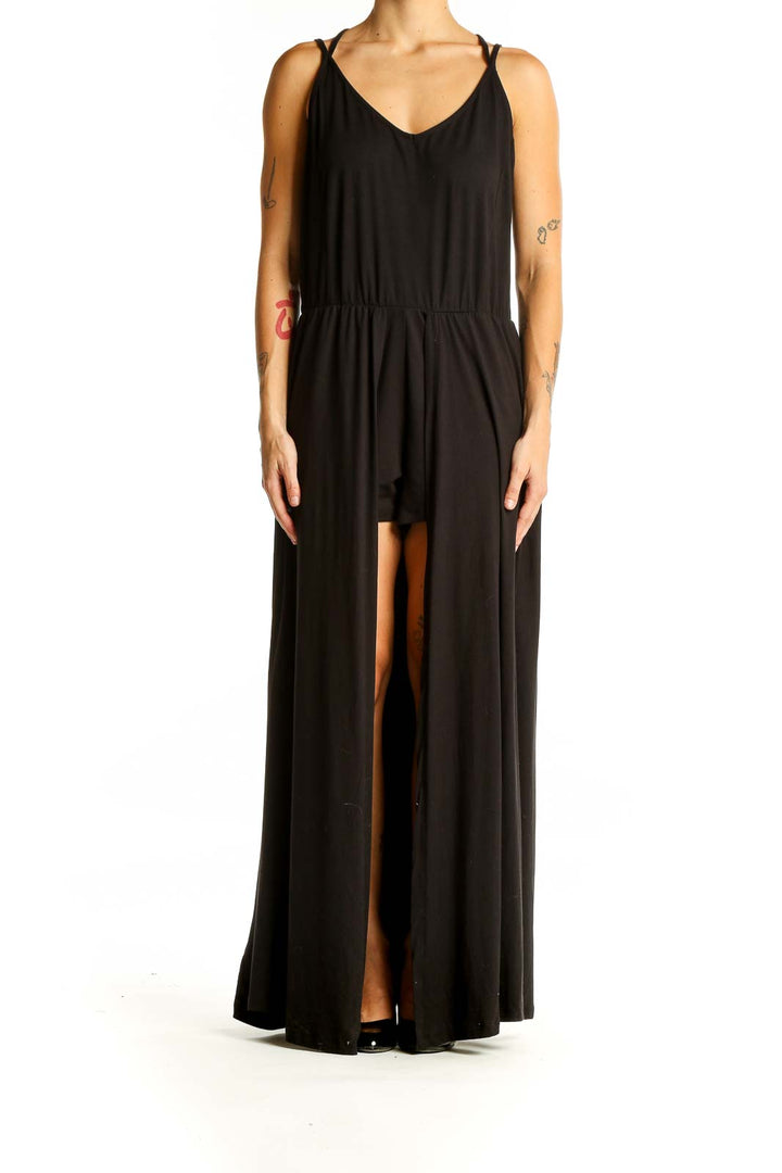 Front view of black Hot&Kiss maxi dress with spaghetti straps and V-neckline