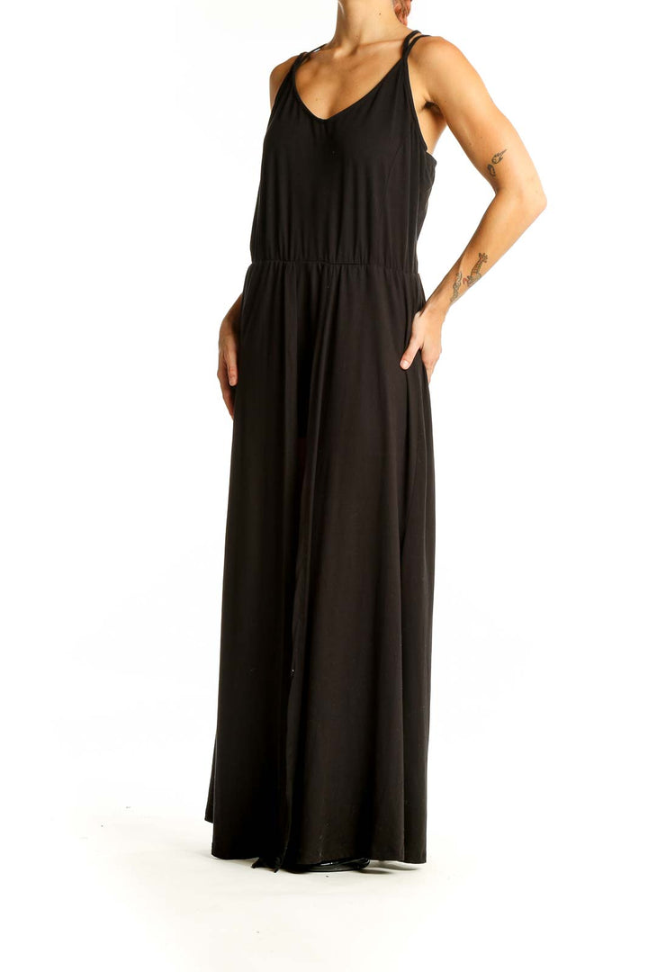 Front view of black Hot&Kiss maxi dress with spaghetti straps and V-neckline