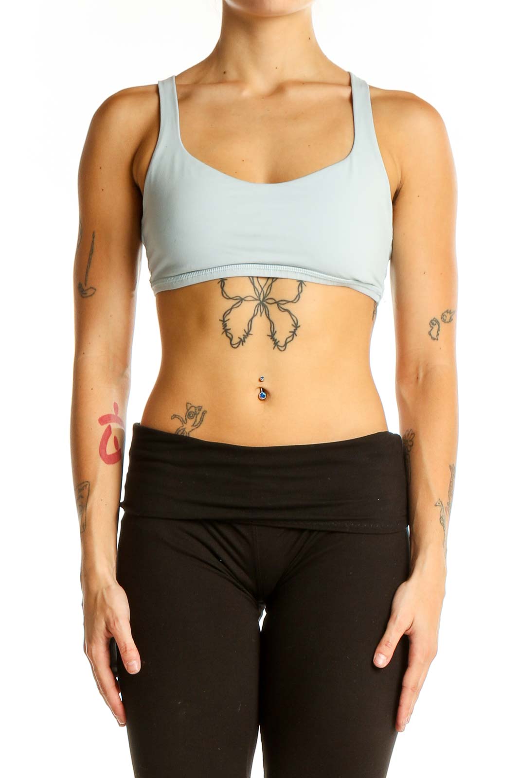 Front view of Lululemon Light Blue Strappy Sports Bra