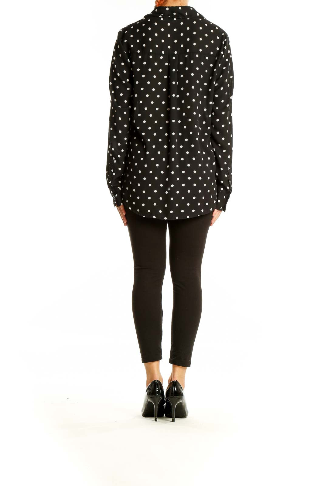 Back view of Express black polka dot button-up blouse