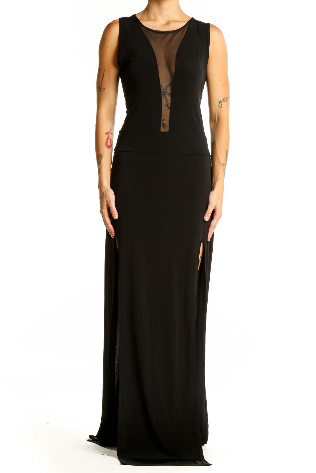 Front view of black SilkRoll maxi dress with sheer center panel