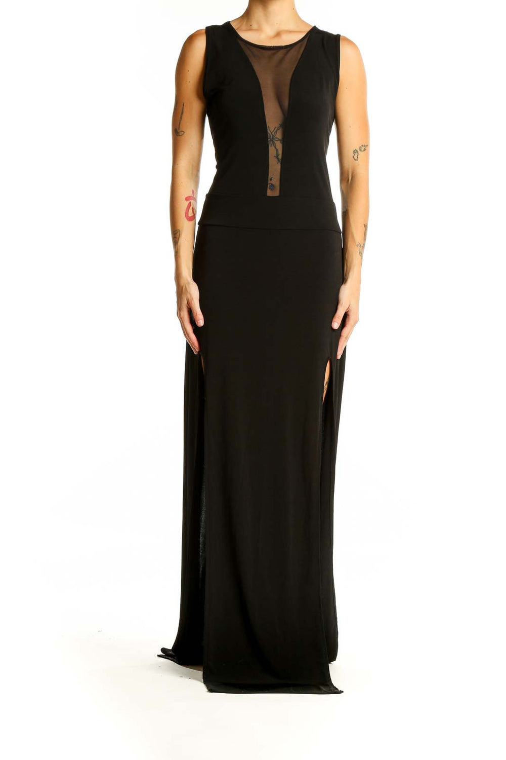 Front view of black SilkRoll maxi dress with sheer center panel