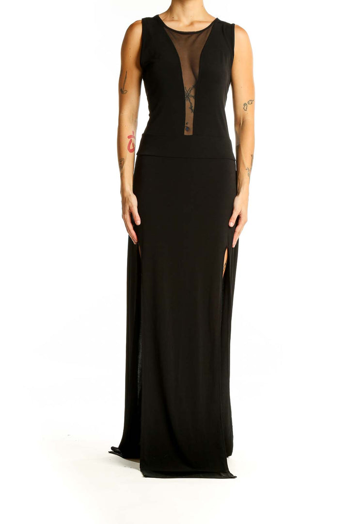 Front view of black SilkRoll maxi dress with sheer center panel