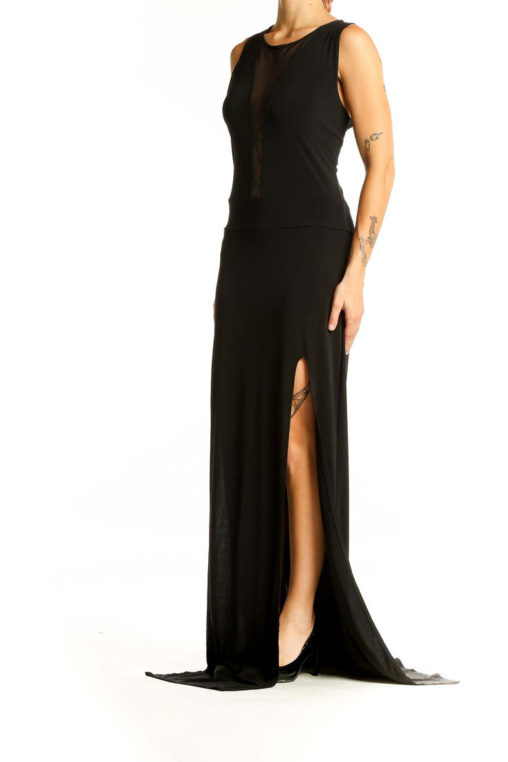 Front view of black SilkRoll maxi dress with sheer center panel