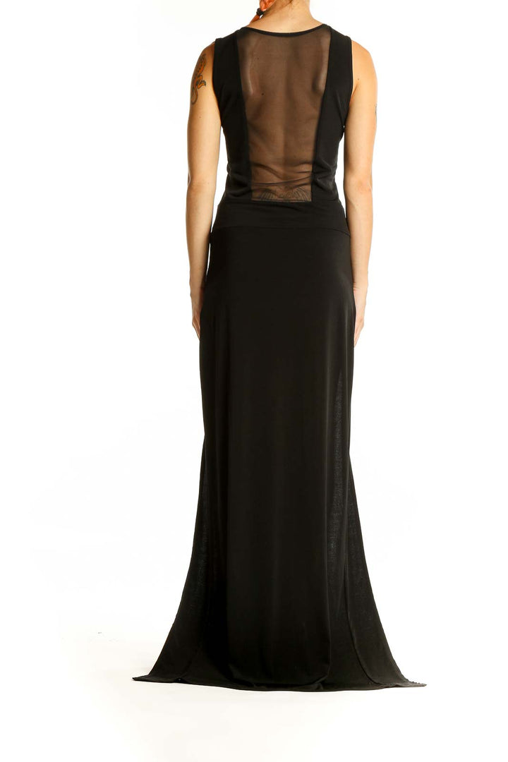 Back view of black SilkRoll maxi dress with sheer back panel