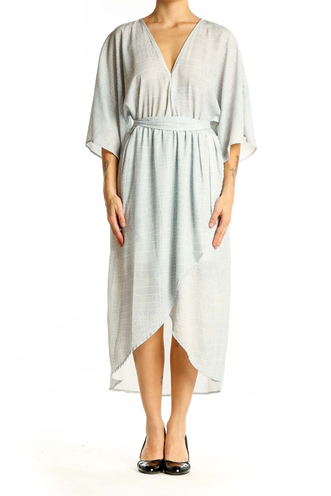 Front view of light gray wrap midi dress with kimono sleeves