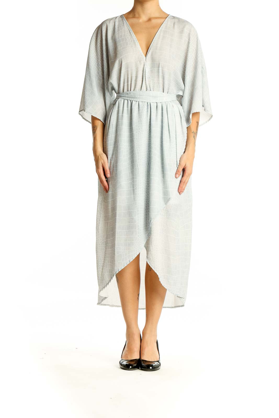 Front view of light gray wrap midi dress with kimono sleeves