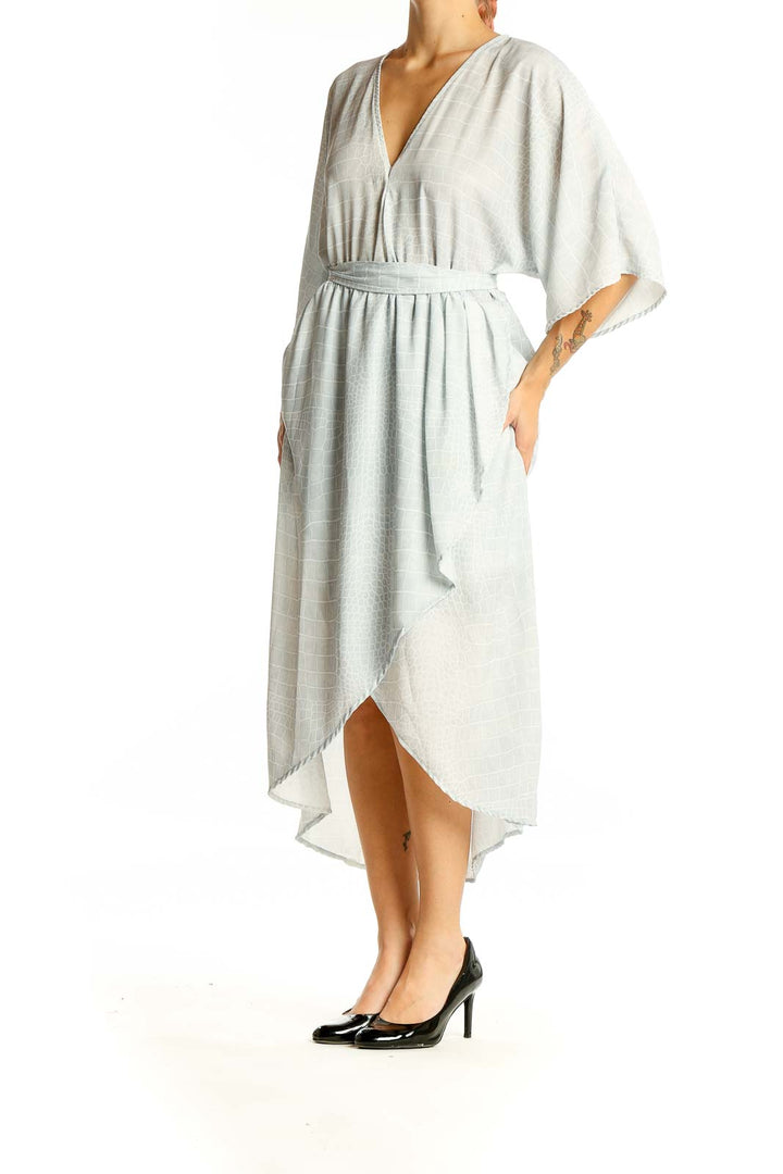 Front view of light gray wrap midi dress with kimono sleeves