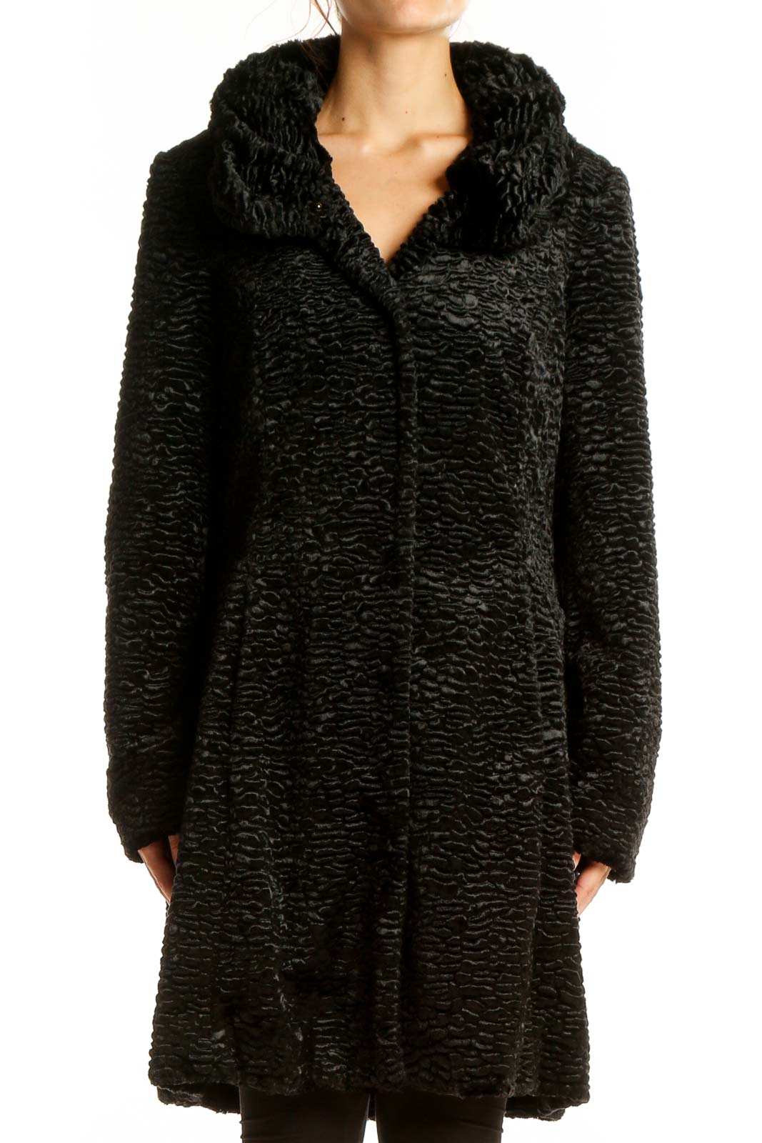 Front view of black textured faux fur coat from White House Black Market