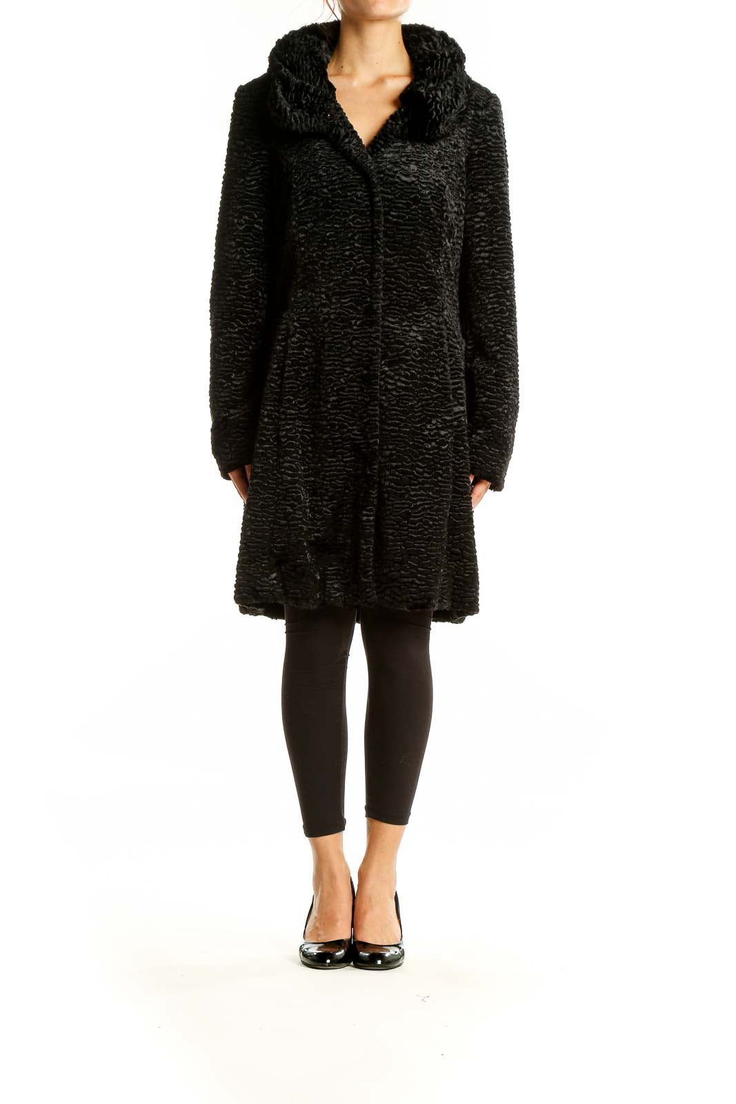 Black Textured Faux Fur Coat