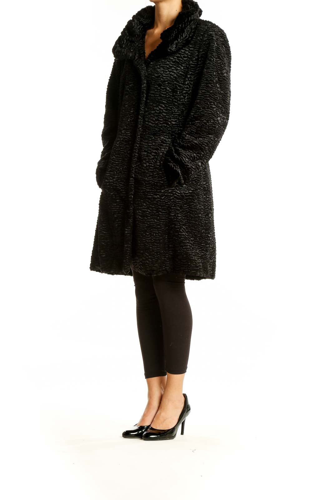 Front view of black textured faux fur coat from White House Black Market