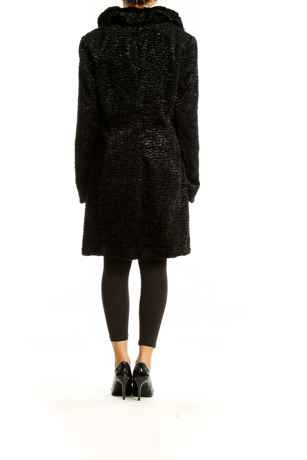 Back view of black textured faux fur coat from White House Black Market