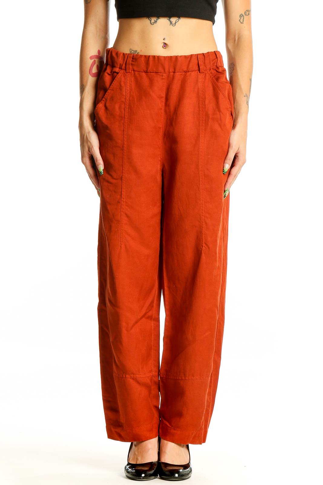 Front view of Eileen Fisher rust linen blend wide-leg pants