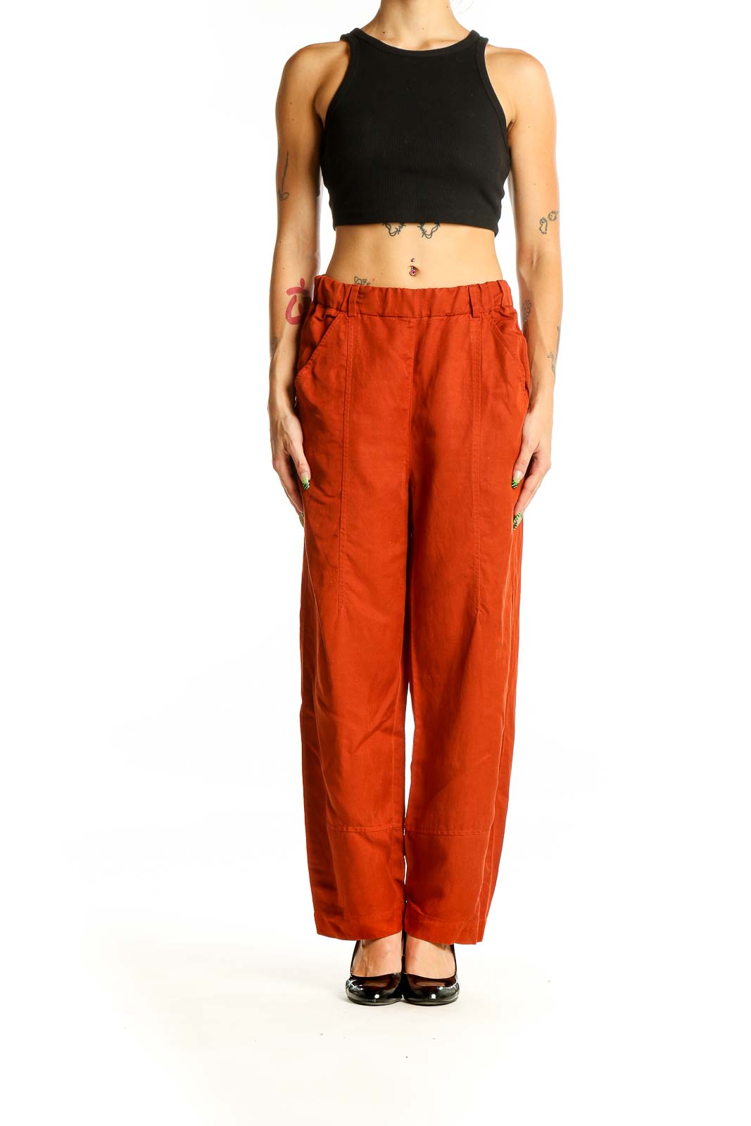 Front view of Eileen Fisher rust linen blend wide-leg pants