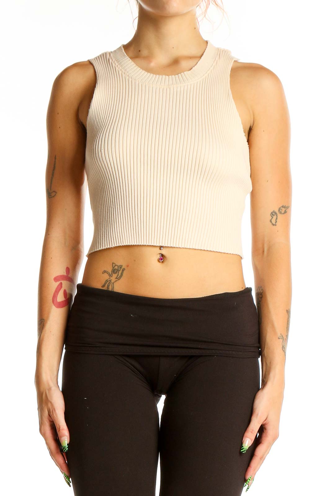 Front view of Topshop beige ribbed crop tank top on model