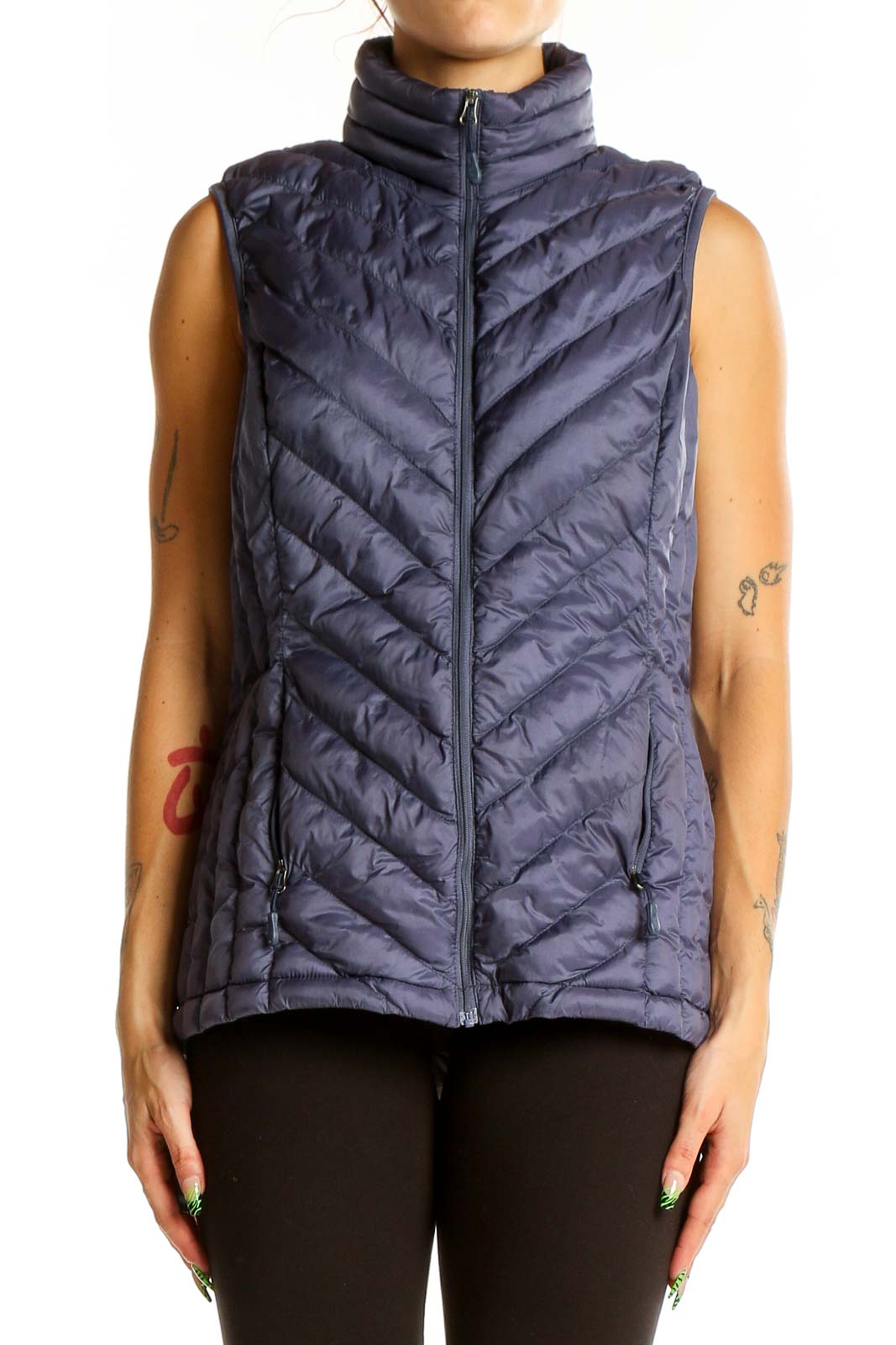 Front view of 32 Degrees navy quilted puffer vest with chevron stitching