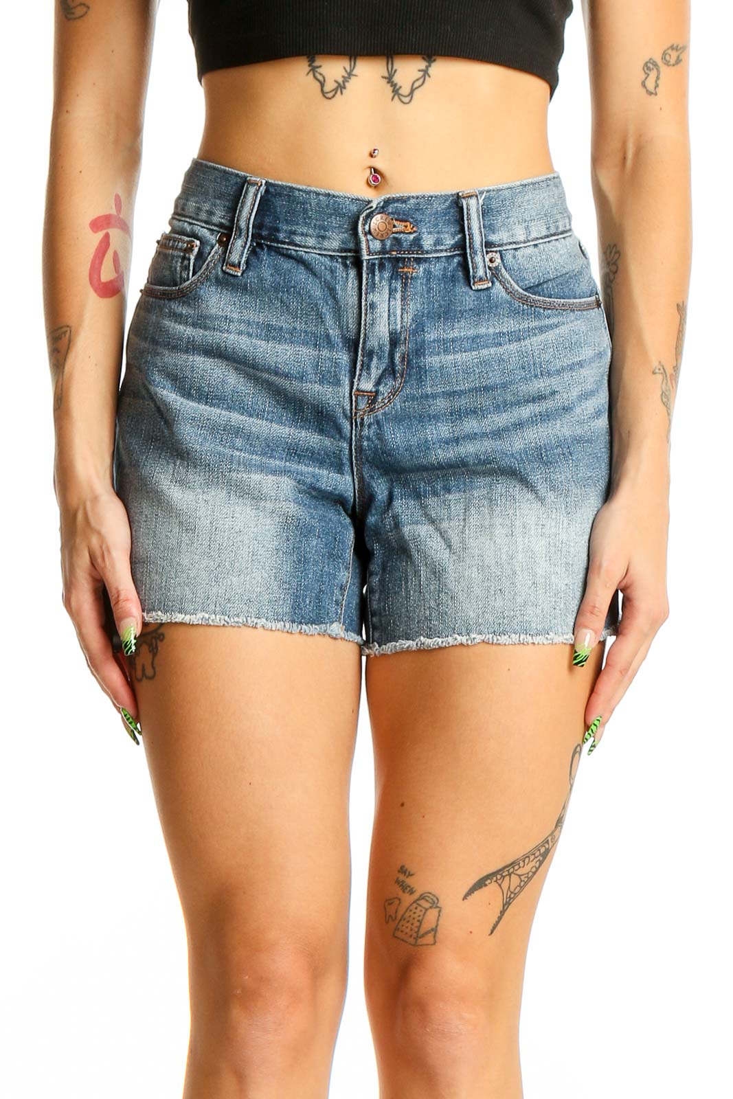 Front view of J.Crew blue denim cut-off shorts with raw-edge hem