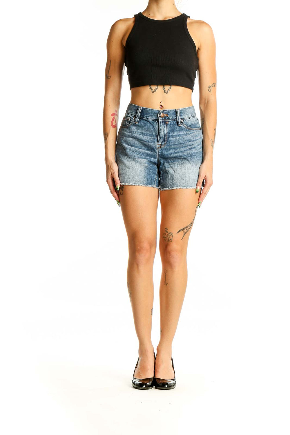 Front view of J.Crew blue denim cut-off shorts with raw-edge hem