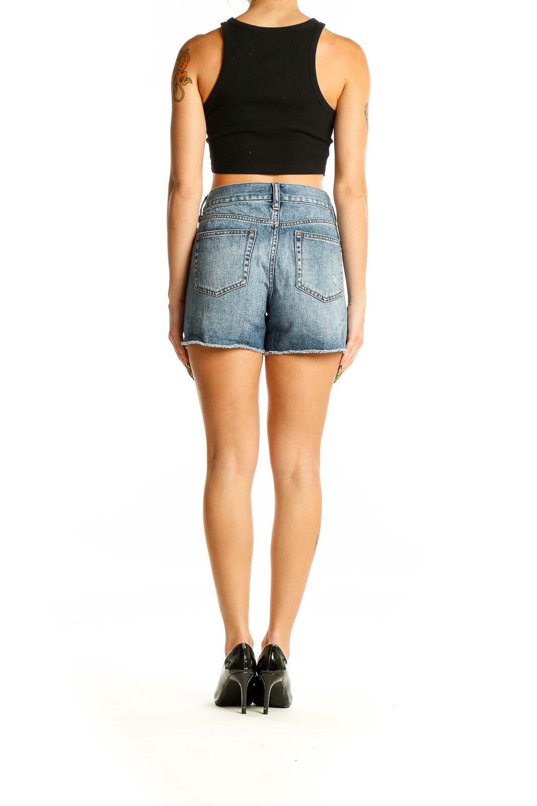 Back view of J.Crew blue denim cut-off shorts showing pocket design