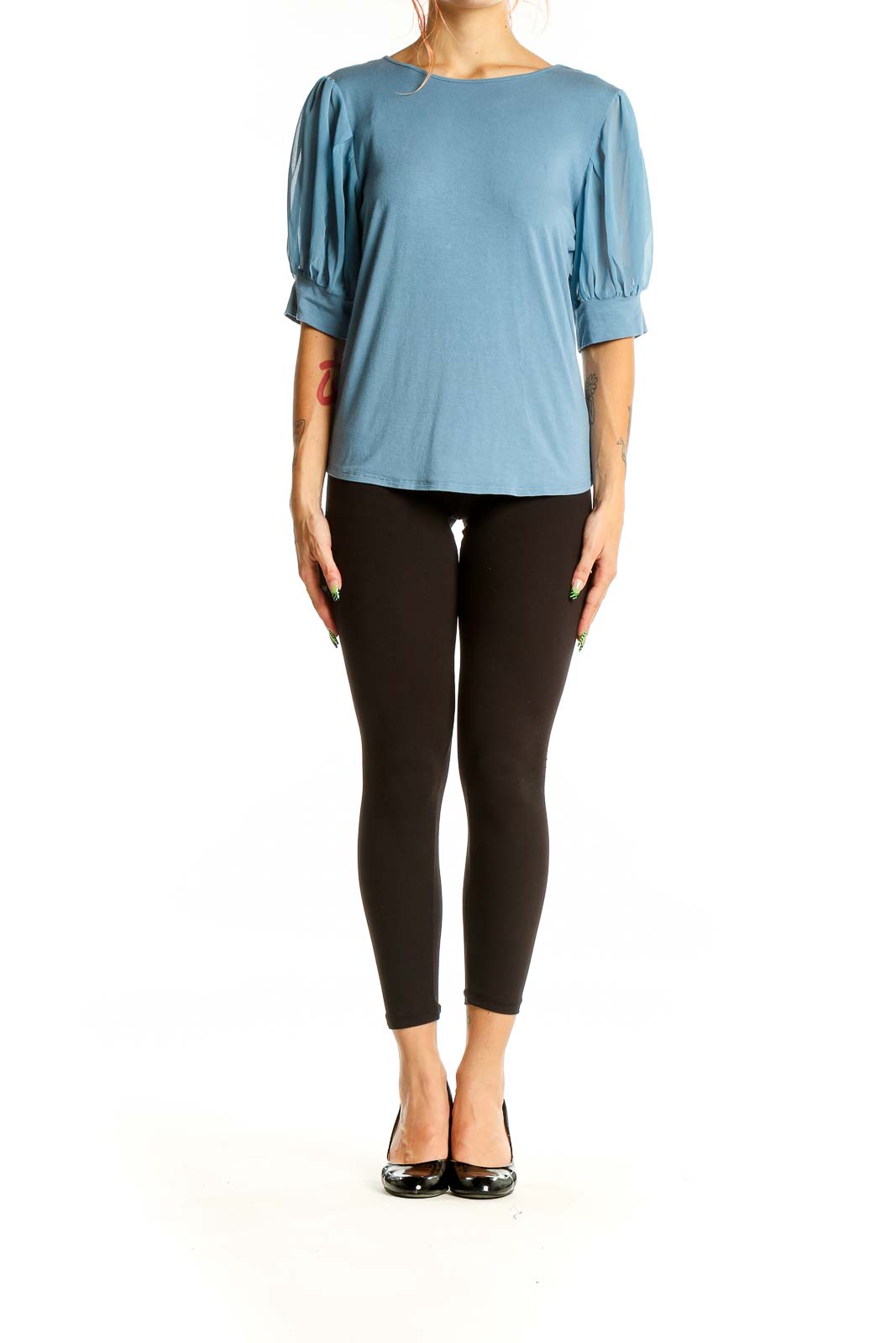 Front view of Vince Camuto blue puff sleeve blouse