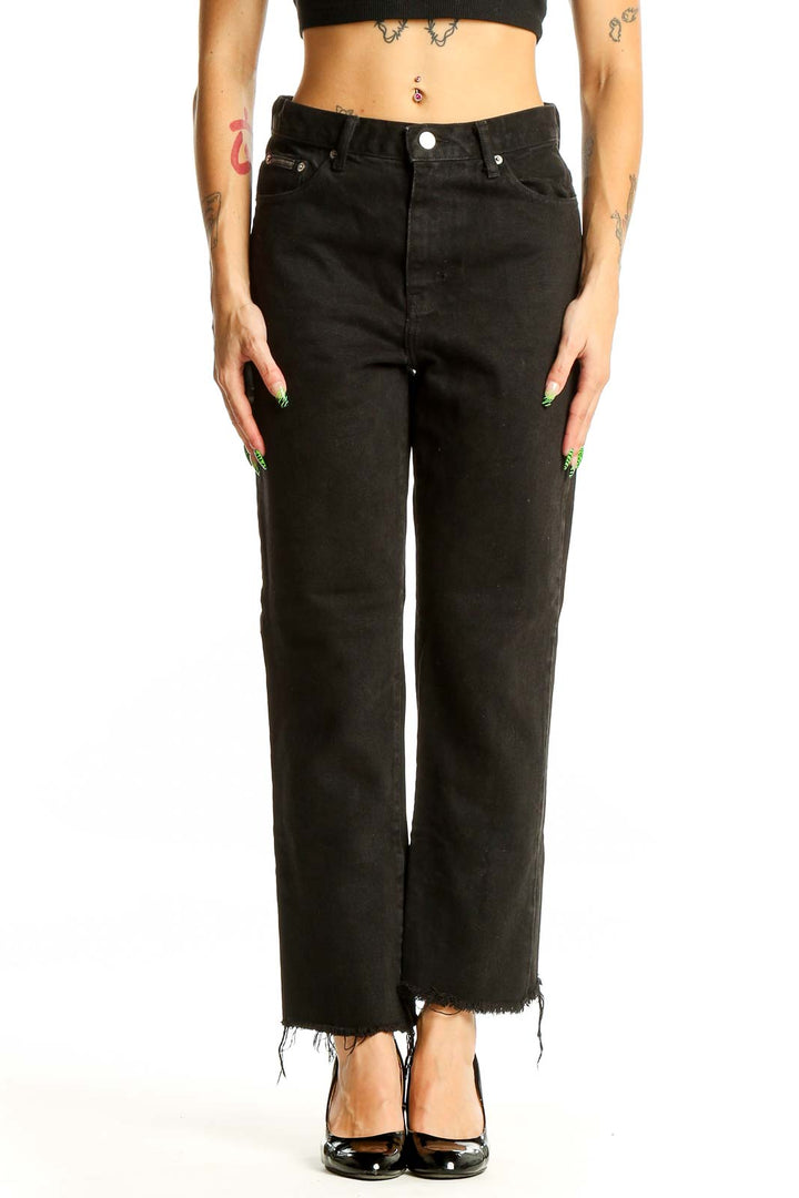 Front view of Calvin Klein black straight leg jeans with high-rise waist