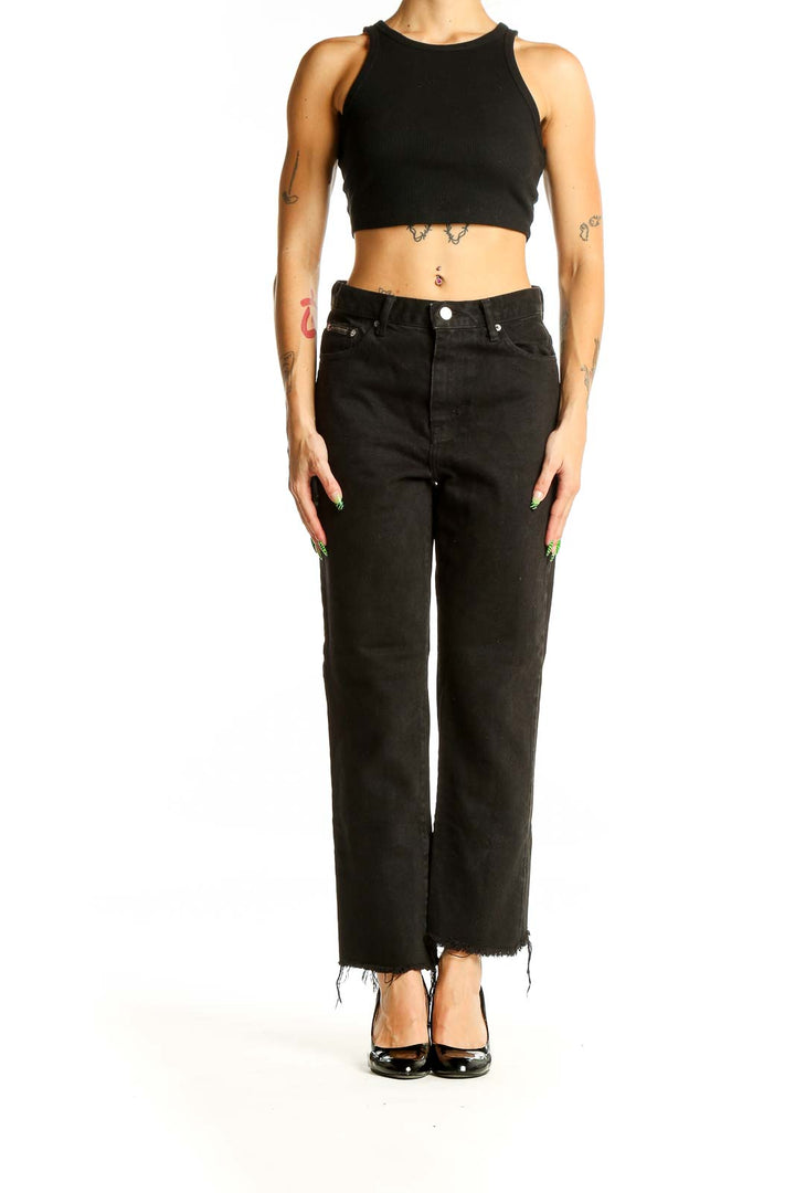 Front view of Calvin Klein black straight leg jeans with high-rise waist