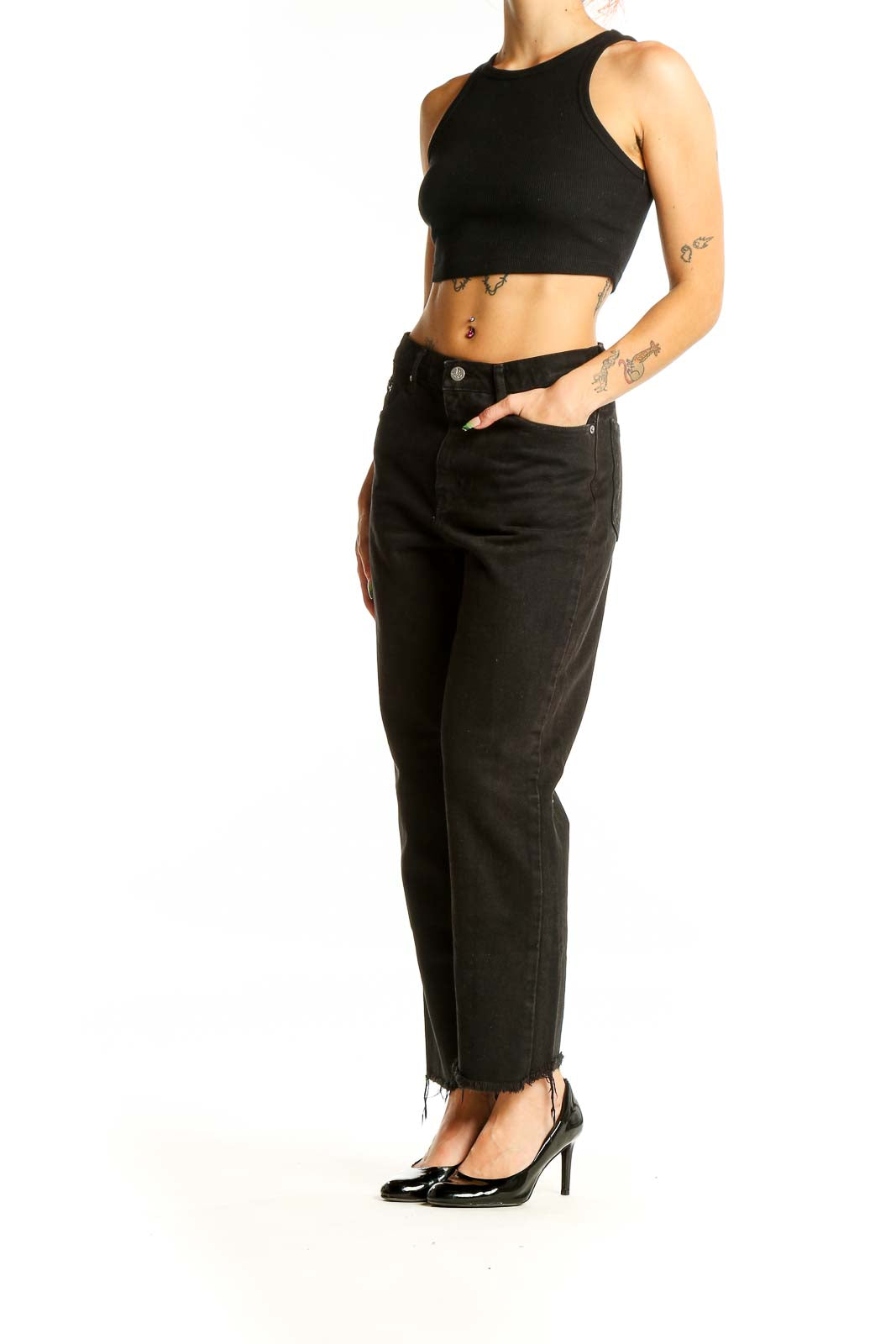 Front view of Calvin Klein black straight leg jeans with high-rise waist