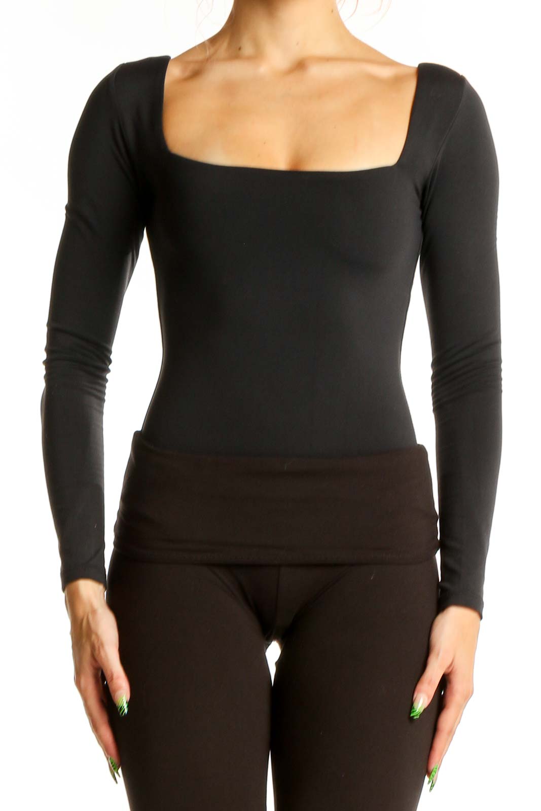 Front view of black Aritzia bodysuit with square neckline