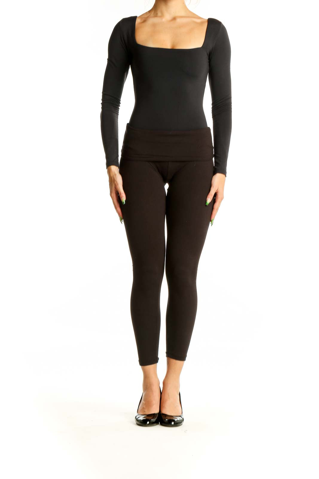 Front view of black Aritzia bodysuit with square neckline