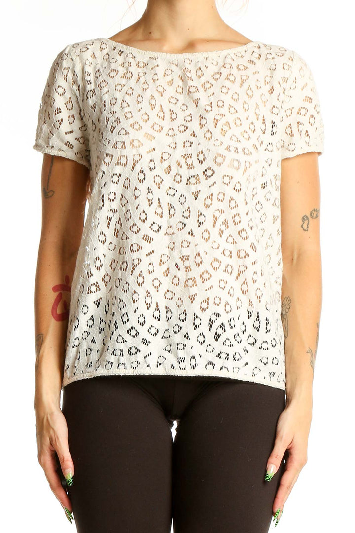 Front view of white lace leopard print short sleeve top by LOFT