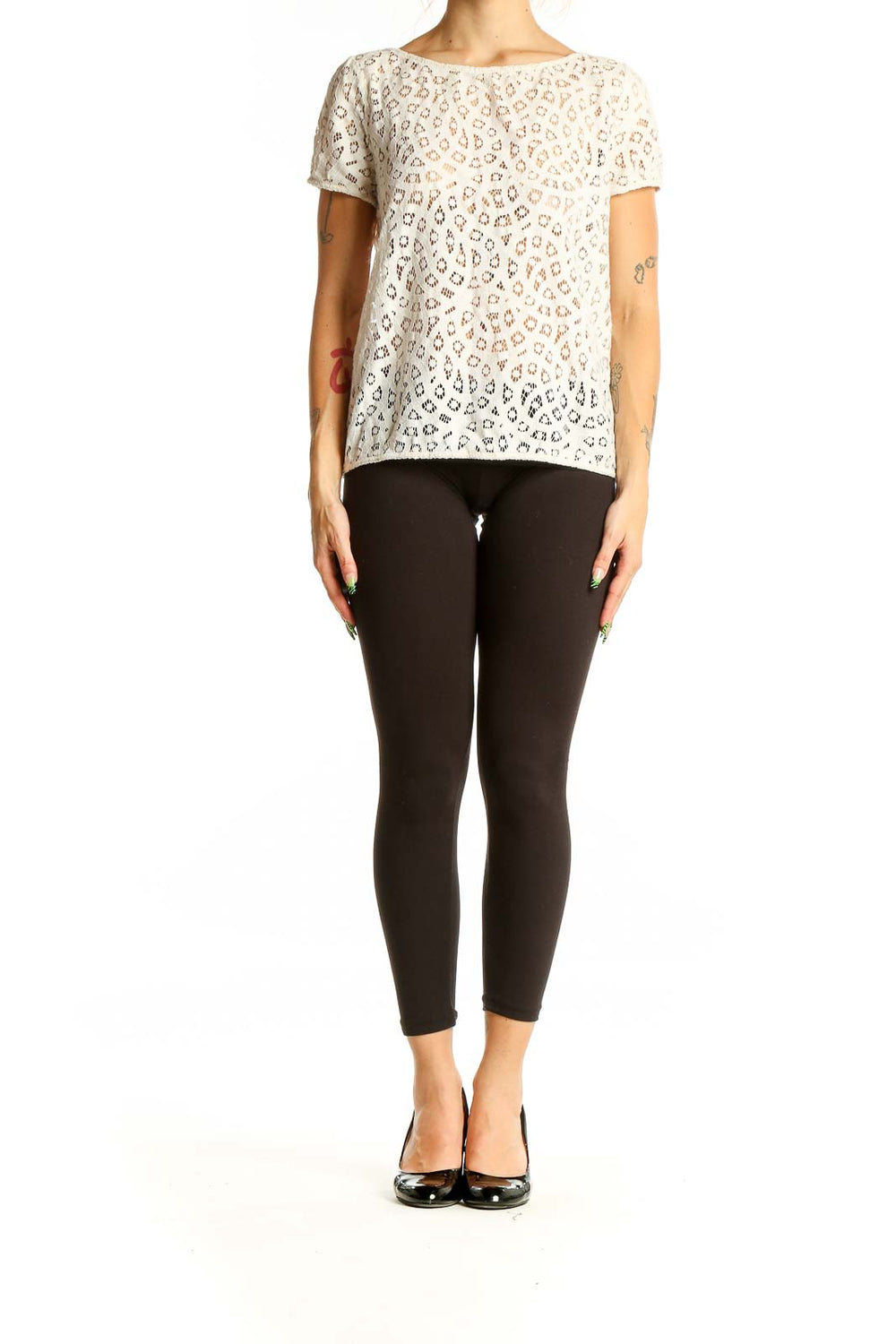 Front view of white lace leopard print short sleeve top by LOFT