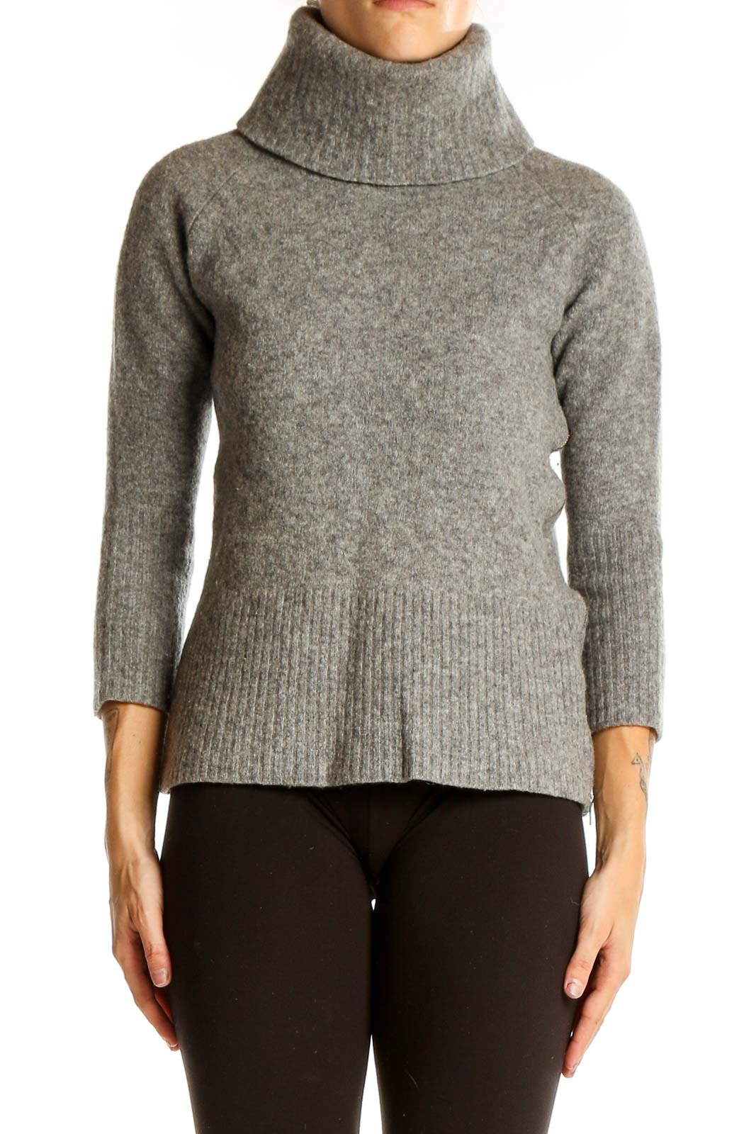 Front view of Banana Republic gray wool turtleneck sweater with ribbed details