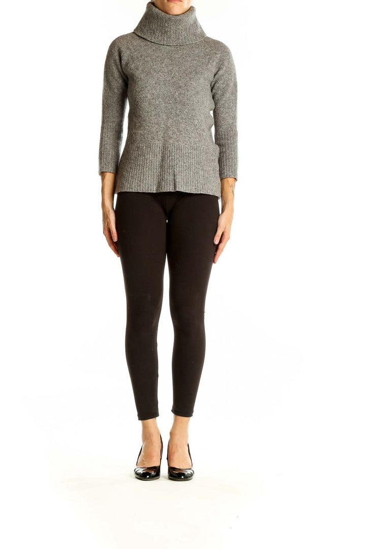 Front view of Banana Republic gray wool turtleneck sweater with ribbed details